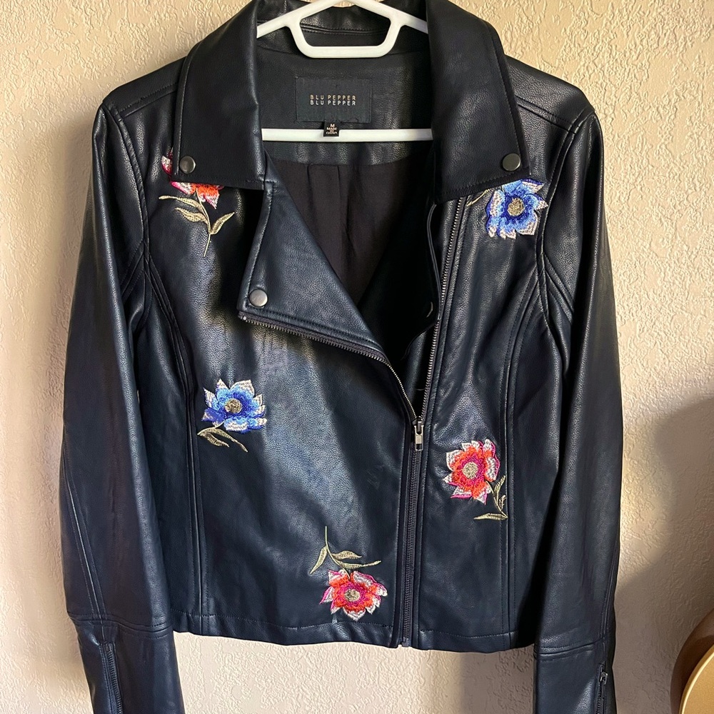 Black leather moto jacket, purchased at Nordstrom, beautiful embroidered flowers